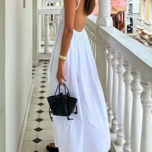 Vacation Loose V Neck Plain Slip Dress, Maxi Dresses, color:White|size:XL, Stylewe