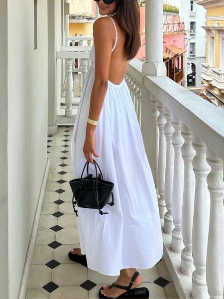 Vacation Loose V Neck Plain Slip Dress, Maxi Dresses, color:White|size:XL, Stylewe