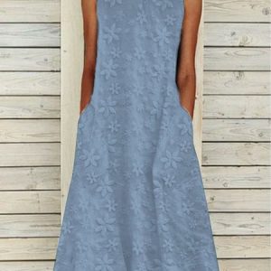 Plain Summer Sleeveless Pockets Floral Lace Crew Neck Maxi Elegant Cotton And Linen Dress, Midi Dresses, Roselinlin - Online Catalog
