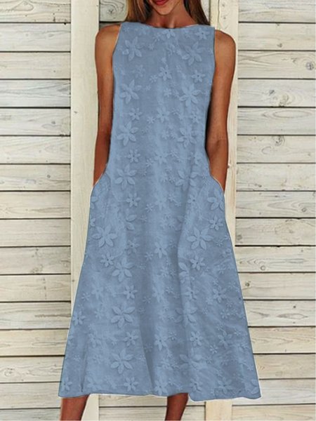 Plain Summer Sleeveless Pockets Floral Lace Crew Neck Maxi Elegant Cotton And Linen Dress, Midi Dresses, Roselinlin - Online Catalog