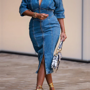 Micro-Elasticity Plain Shirt Collar Short Sleeve Urban Denim Midi Dress, Midi Dresses, color:Denim Blue|size:XXL, Stylewe