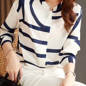Regular Fit Urban Stand Collar Geometric Blouse, Blouses and Shirts, color:white-blue|size:XXL, Stylewe
