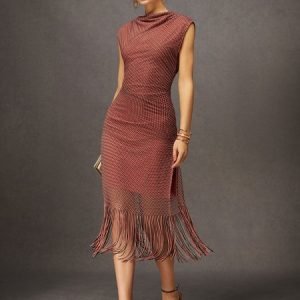 Elegant Slit Ruched Cowl Neck Fringe Slim Midi Dress, Midi Dresses, color:Orange|size:XXL, Stylewe