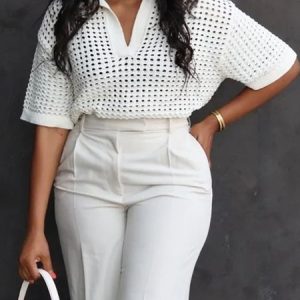 Regular Fit Polo Collar Short Sleeve Urban Sweater Shirt, Blouses and Shirts, color:White|size:XXL, Stylewe