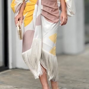 Tassel Urban Regular Fit Abstract Ruched Skirt, Skirts, color:Yellow|size:XXL, Stylewe