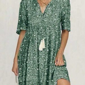 Blue Cotton Printed Short Sleeve Patchwork Dress, Midi Dresses, Roselinlin - Online Catalog