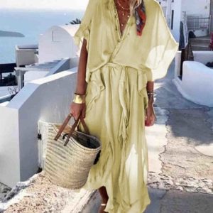 V Neck Solid Short Sleeve Boho Dress, Maxi Dresses, Roselinlin - Online Catalog