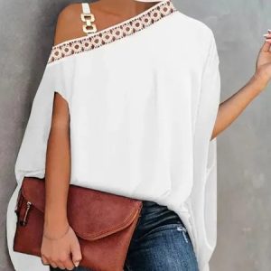 Cold Shoulder Loose Lace Edge Urban Chain Shirt, Blouses and Shirts, color:White|size:XXL, Stylewe