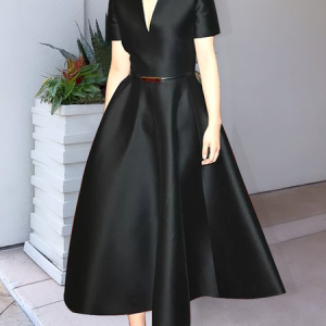 Regular Fit Plain Elegant V neck Short Sleeve Maxi Dress With No Belt, Maxi Dresses, color:Black|size:XXL, Stylewe