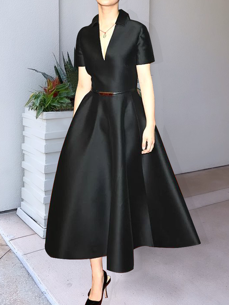 Regular Fit Plain Elegant V neck Short Sleeve Maxi Dress With No Belt, Maxi Dresses, color:Black|size:XXL, Stylewe