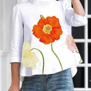 Loose Stand Collar Urban Floral Shirt, Blouses and Shirts, color:White|size:XXL, Stylewe