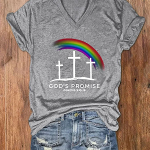 Women's God's Promise Cross Print Text Letters V Neck Casual T-Shirt, T-shirts, Lilicloth.com