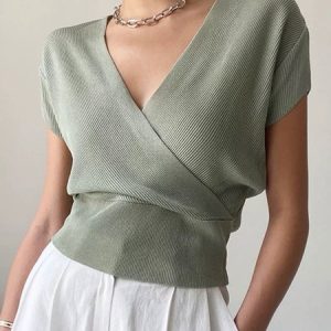 V Neck Regular Fit Urban Plain Knit Shirt, Pullovers, color:Green|size:XL, Stylewe