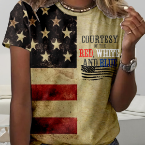 Women's Courtesy Of The Red White And Blue Printed Casual Crew Neck Flag Regular Fit T-Shirt, T-shirts, Lilicloth.com