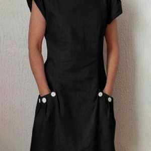 Women Casual Plain Round Neck Zipper Button Pockets Short Sleeve Dress, Midi Dresses, Roselinlin - Online Catalog