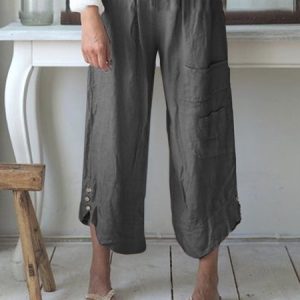 Women's Pants Linen Cotton Casual Solid Pockets Pants Plus Size Daily Shift Cotton Buttoned Solid Pockets Pants, Pants, Roselinlin - Online Catalog