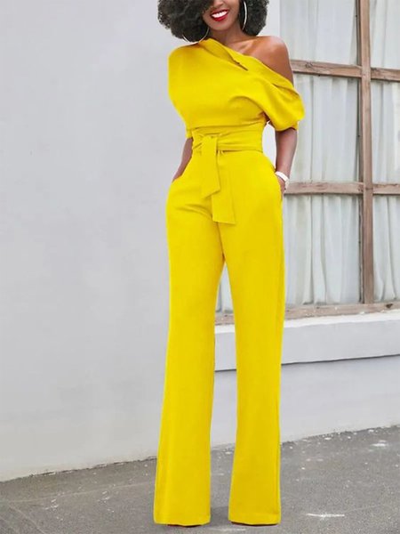 Regular Fit Urban Plain Jumpsuit, Jumpsuits, color:Yellow|size:XXL, Stylewe