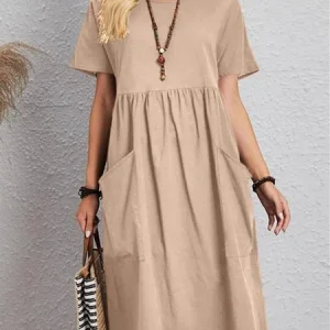 Casual Pocket Stitching Plain V Neck Dress, Midi Dresses, Roselinlin - Online Catalog