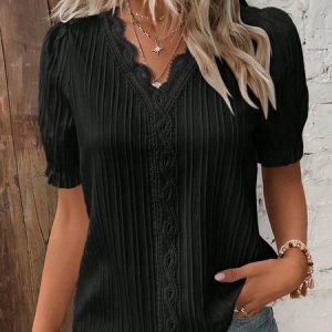 Women Plain Elegant V Neck Lace Short Sleeve Summer T-Shirt, Blouses & Shirts, Roselinlin - Online Catalog
