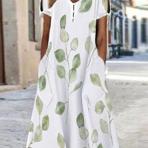 Casual Loose V Neck Leaf Dress, Midi Dresses, Roselinlin - Online Catalog
