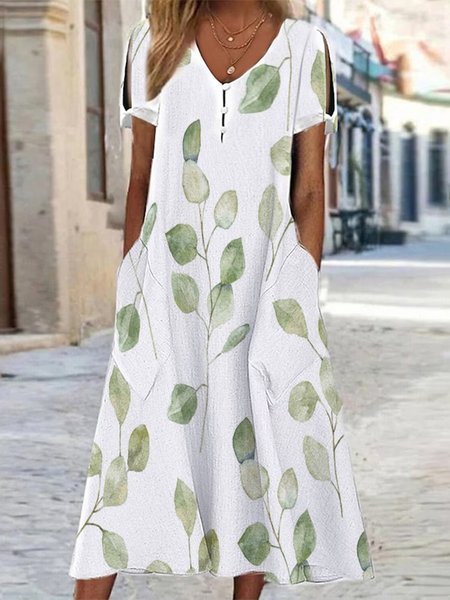 Casual Loose V Neck Leaf Dress, Midi Dresses, Roselinlin - Online Catalog