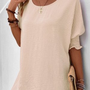 Women Blouse Crew Neck Short Sleeve Plain Comfy Loose Shirt, Blouses, color:Khaki|size:XXL, catalog Noracora shop