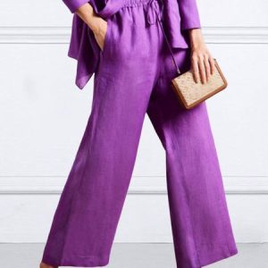 Plain  Casual Fashion Wide leg Linen Pants, Pants, color:Purple|size:XXL, Stylewe