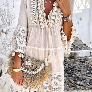 Causal 3/4 Sleeve V Neck Holiday Boho Dresses, Short, color:White|size:XXL, catalog Noracora shop