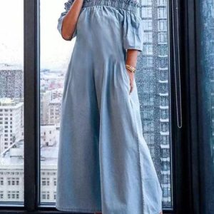 Casual Cold Shoulder Loose Denim Jumpsuit, Jumpsuits, color:Light Blue|size:XXL, Stylewe