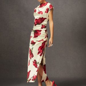 Elegant Floral Slit Ruched Cowl Neck Slim Midi Dress, Maxi Dresses, color:As Picture|size:XXL, Stylewe