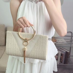 Elegant Metal Handle Ring Handbag Woven Evening Clutch Bag with Tassel Pendant, Bags, color:Off White|size:One-size, Stylewe