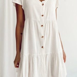 Front Button Placket Ruffle Hem Short Sleeve White Mini Shift Dress, Midi Dresses, Roselinlin - Online Catalog