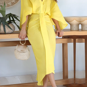Plus Size Vacation Regular Fit V Neck Short Sleeve Maxi Dress, Plus Dresses, color:Yellow|size:4X, Stylewe