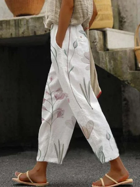 Women's Trousers Daily Going Out Casual Pocket Stitching Floral Spring/Fall Pants, JustFashionNow Pants, color:White|size:XXL,