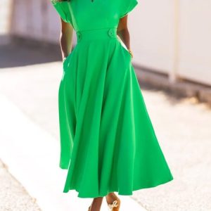 Plain Notched Vacation Regular Fit Midi Dress, Midi Dresses, color:Green|size:XS, Stylewe