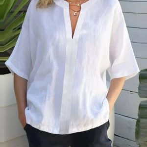 Notched Plain Loose Casual Blouse, Blouses & Shirts, Roselinlin - Online Catalog