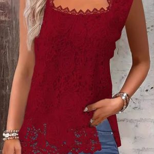 Women's Sleeveless Tank Top Camisole Summer Plain Lace Square Neck Daily Going Out Casual Top, JustFashionNow Tanks & Camis, color:Red|size:3XL,