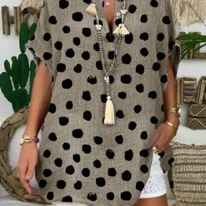 Khaki Polka Dots V Neck Printed Casual Shift Half Sleeve Top, Blouses & Shirts, Roselinlin - Online Catalog