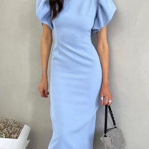Elegant Plain Crew Neck Regular Fit Dress, Midi Dresses, color:Blue|size:XL, Stylewe