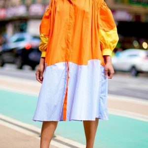 Loose Shirt Collar Color Block Urban Dress, Midi Dresses, color:Orange|size:XXL, Stylewe