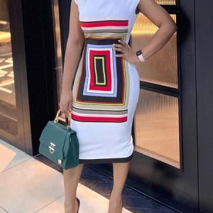 Geometric Tight Crew Neck Urban Midi Dress, Midi Dresses, color:White|size:XXL, Stylewe