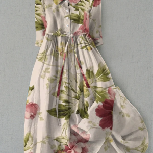 Shirt Collar Floral Vacation Linen Style Dress With Belt, Midi Dresses, Roselinlin - Online Catalog