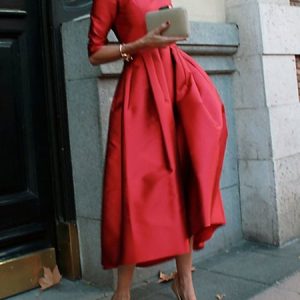Elegant Satin Crew Neck Dress, Midi Dresses, color:Red|size:XXL, Stylewe