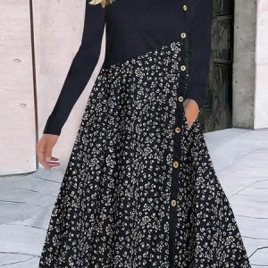 Crew Neck Loose Buttoned Casual Dress, Maxi Dresses, Roselinlin - Online Catalog