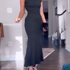 Elegant Boat Neck Tight Maxi Dress, Maxi Dresses, color:Black|size:XXL, Stylewe