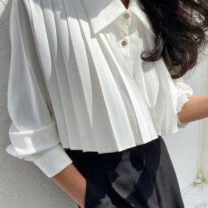 Plain Loose Urban Shirt Collar Pleated Blouse, Blouses and Shirts, color:White|size:XL, Stylewe