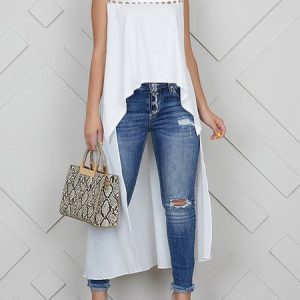Crew Neck Casual Plain Loosen Sleeveless Shirt, Blouses and Shirts, color:White|size:XXL, Stylewe