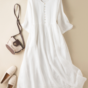 Simple Loose Crew Neck Linen Style Dress, Maxi Dresses, Roselinlin - Online Catalog