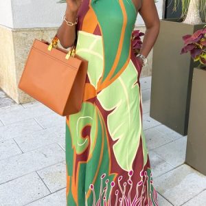 Vacation Halter Neck Flowy Loose Floral Dress, Maxi Dresses, color:Green|size:XXL, Stylewe