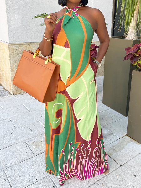 Vacation Halter Neck Flowy Loose Floral Dress, Maxi Dresses, color:Green|size:XXL, Stylewe